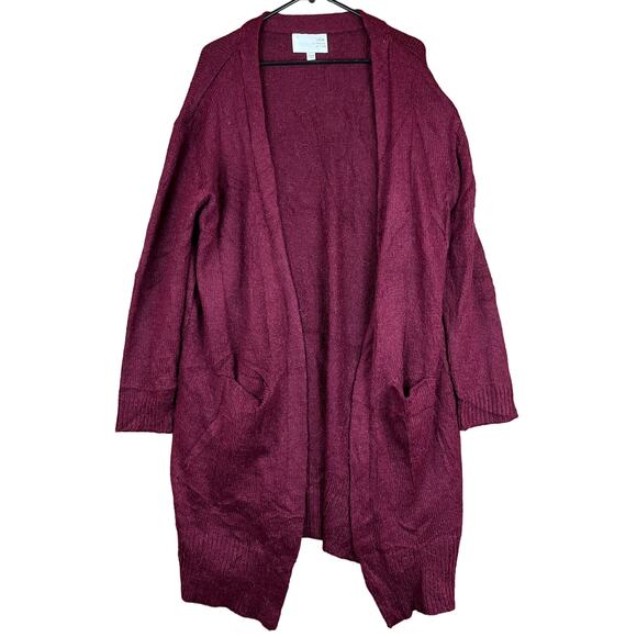 J.O.A. Womens Sweater Maroon Cardigan Long Open Front Alpaca Blend Pockets Large - Picture 1 of 12